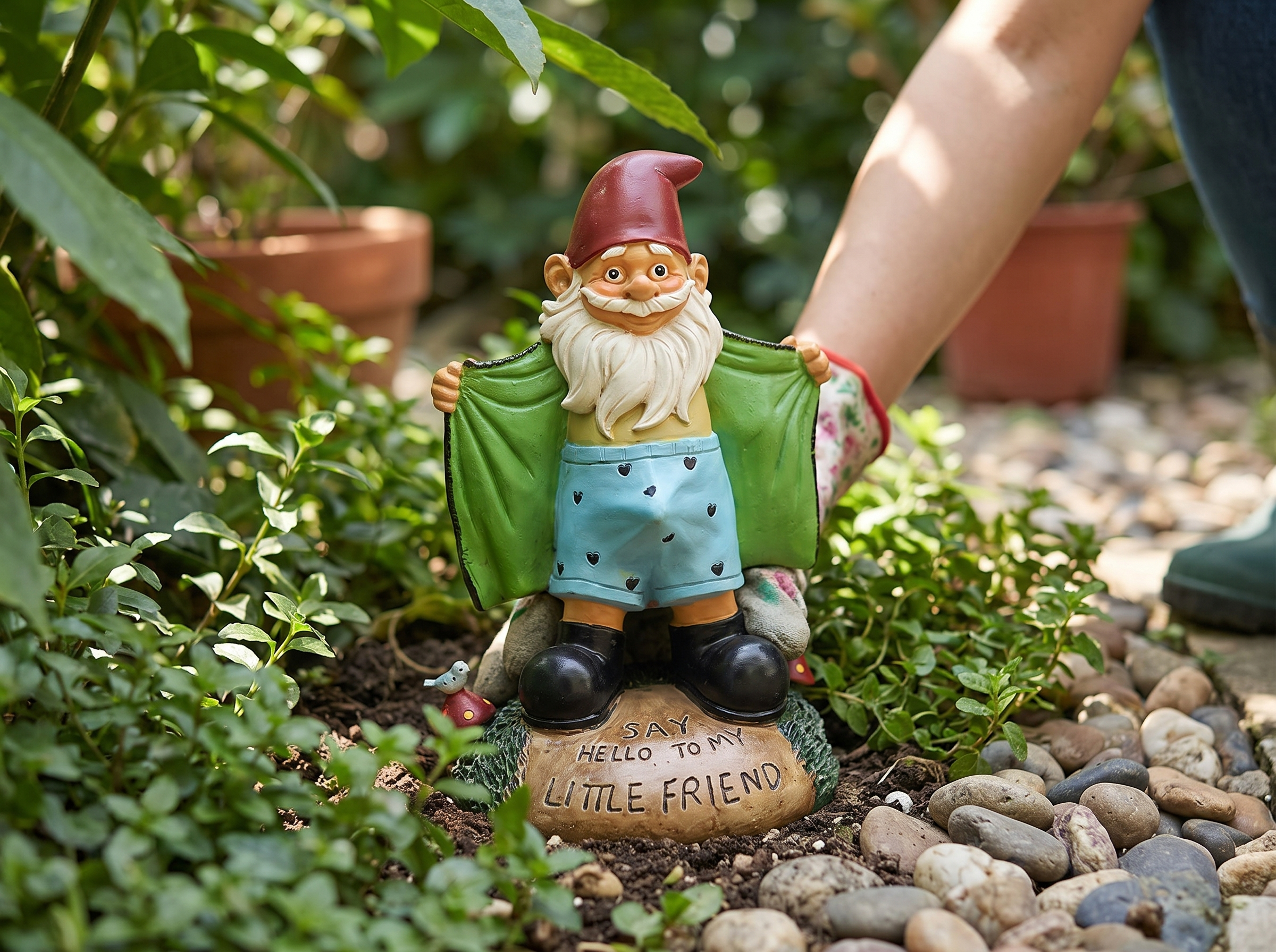 Whimsical Garden Gnome Statue for Yard or Patio Decor shown in natural everyday use at home