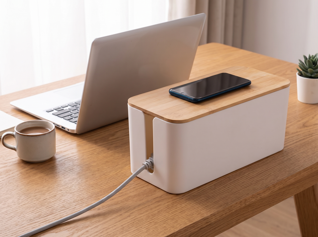 Bamboo Lid Cable Management Box for Desk & Nightstand Organization in a realistic home setting