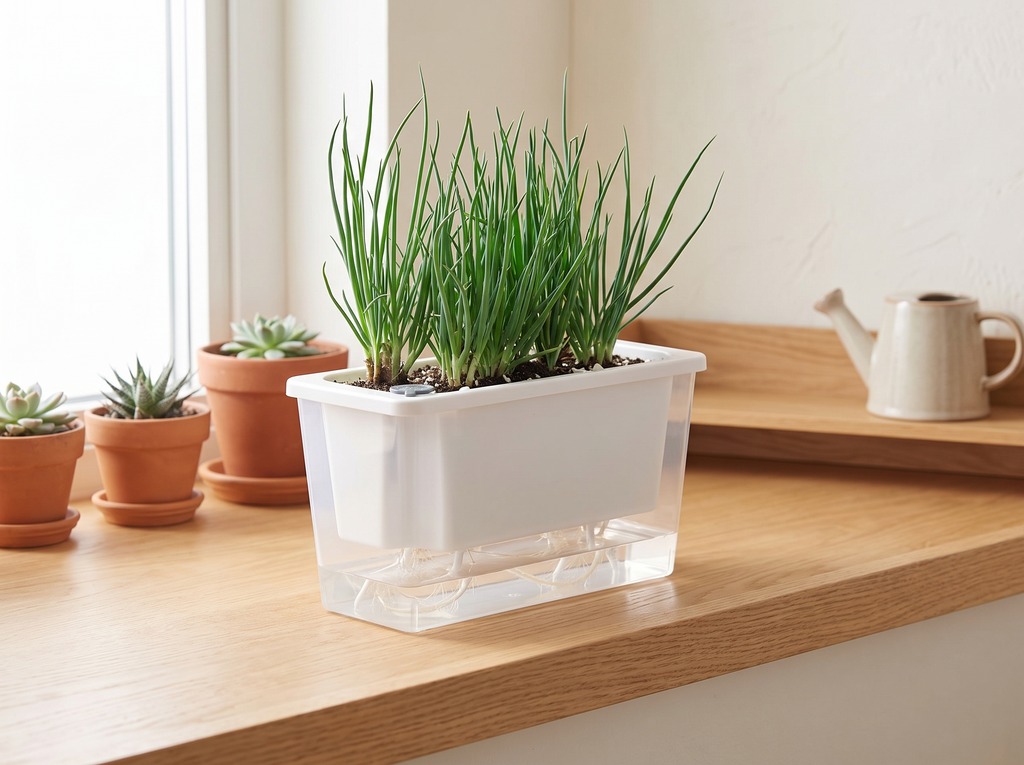 Self-Watering Rectangular Planter Box for Indoor Windowsills & Balconies in a realistic home setting