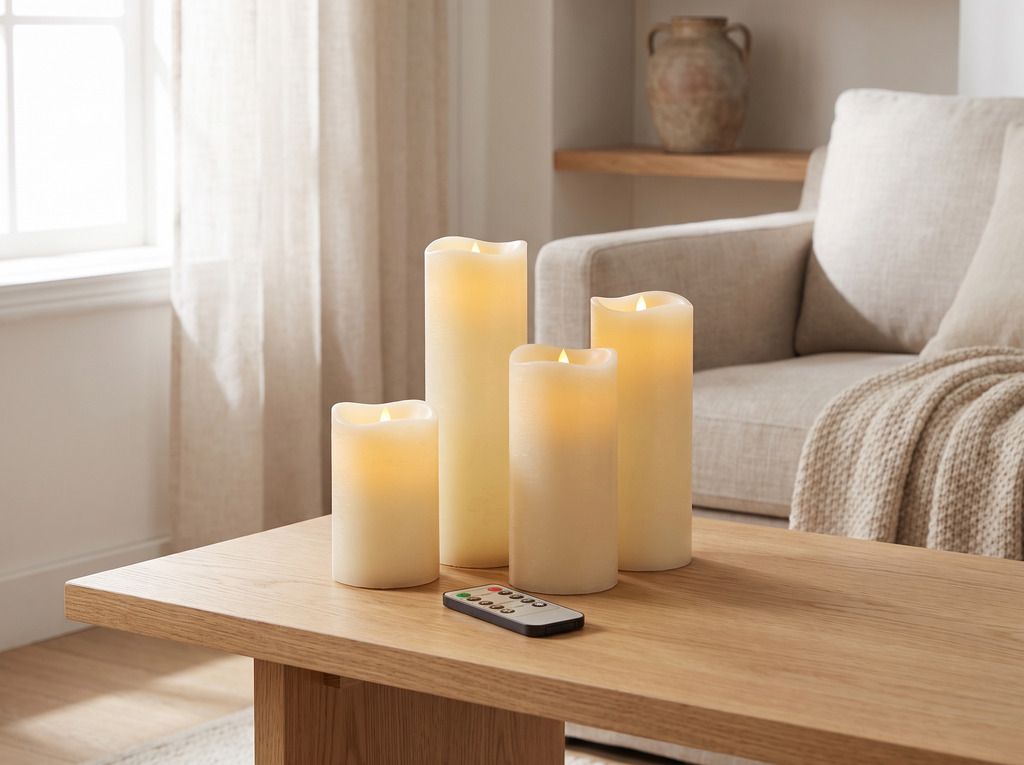 Flameless LED Candles with Remote Timer – Cozy Lighting for Home or Patio in a realistic home setting