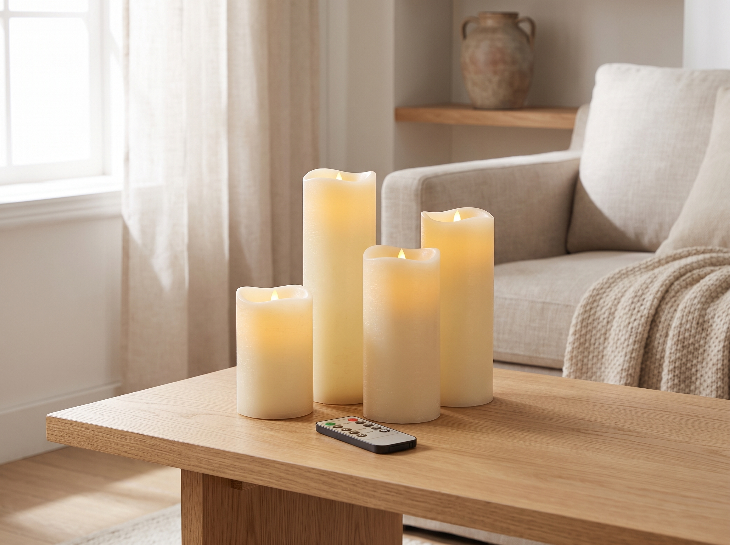 Flameless LED Candles with Remote Timer – Cozy Lighting for Home or Patio in a realistic home setting