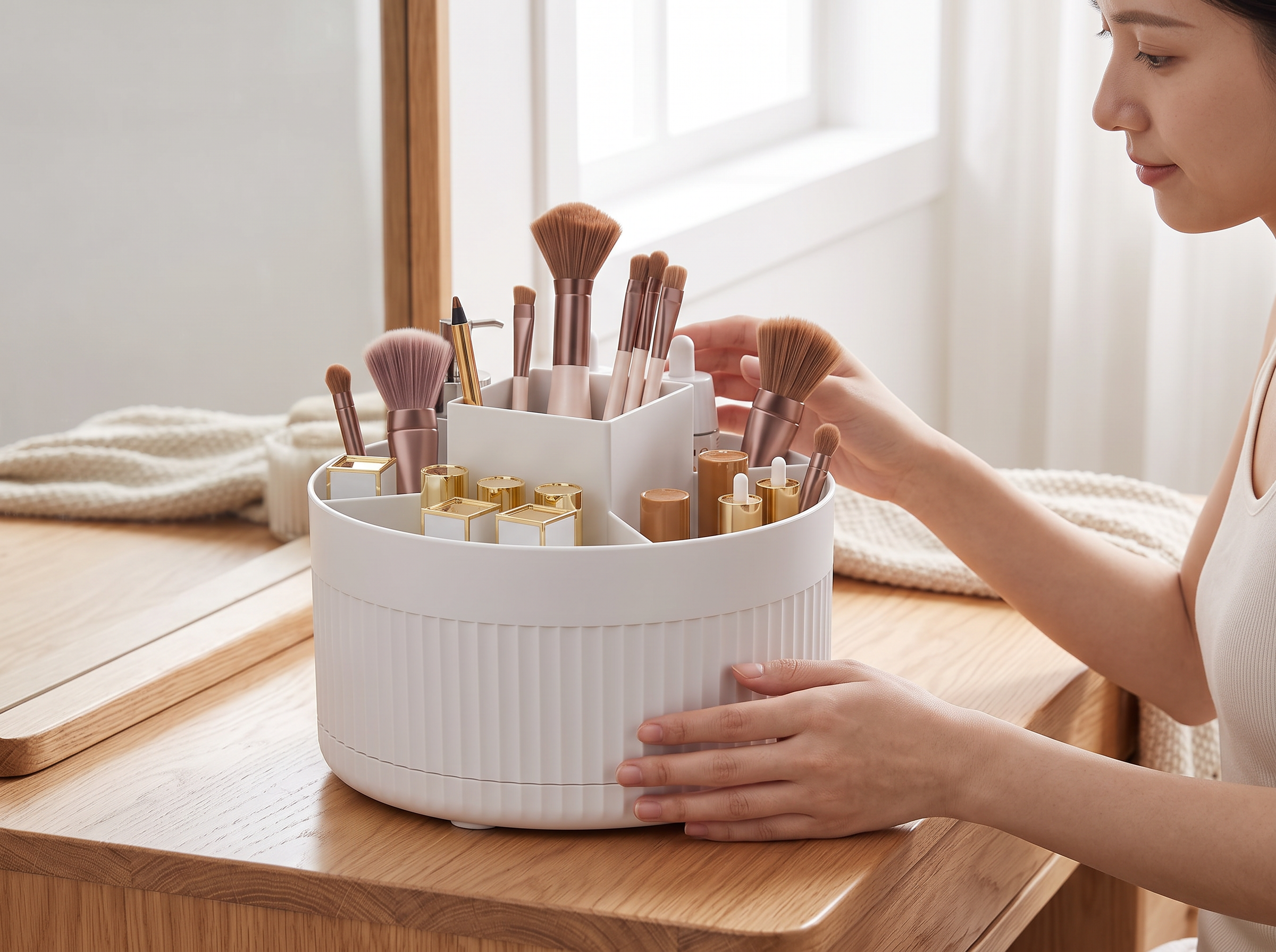 Rotating Makeup Organizer with Compartments for Vanity or Desk shown in natural everyday use at home