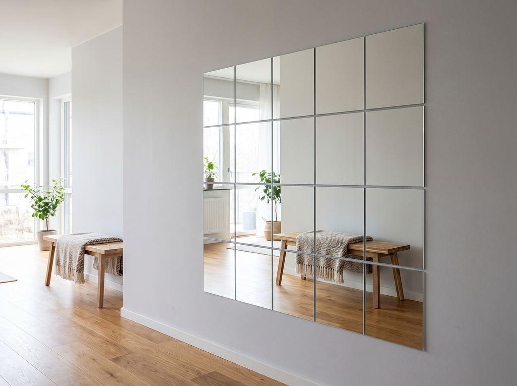 16-Piece Self-Adhesive Acrylic Mirror Tile Set, 15cm Square in a realistic home setting