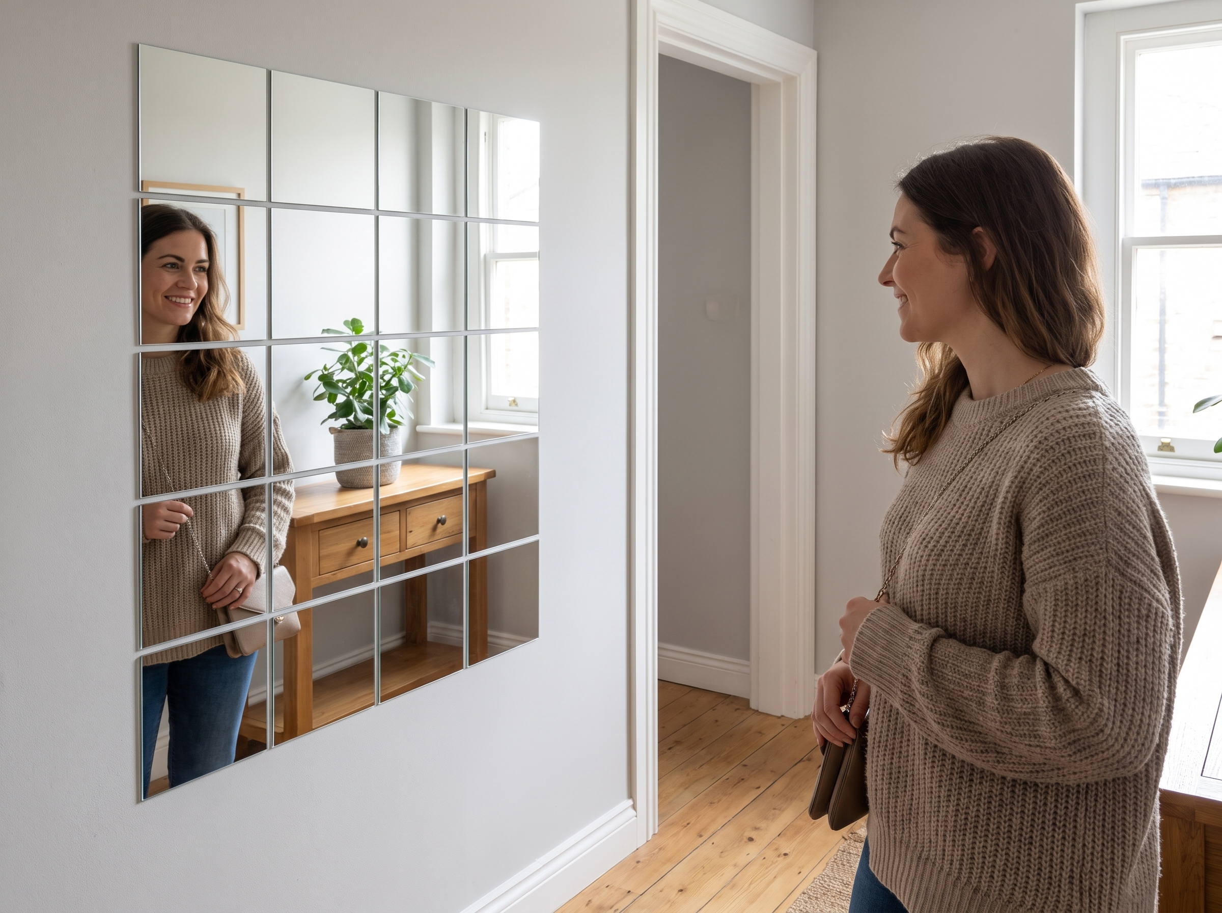 16-Piece Self-Adhesive Acrylic Mirror Tile Set, 15cm Square shown in natural everyday use at home