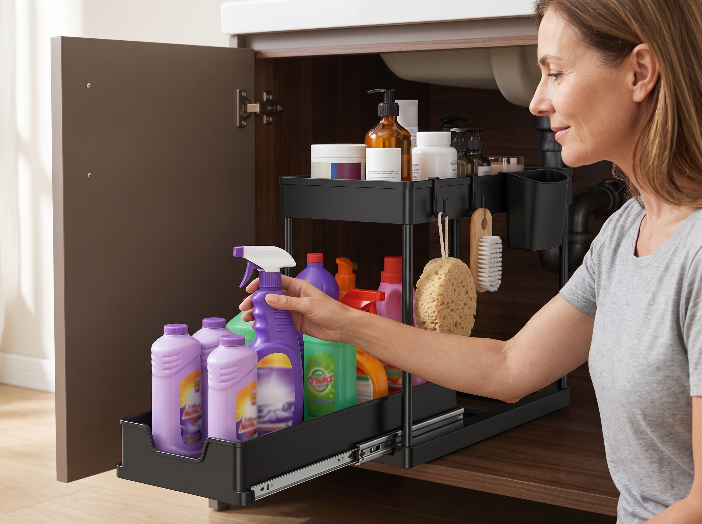 2-Tier Sliding Under Sink Organizer with Hooks for Kitchen & Bathroom shown in natural everyday use at home