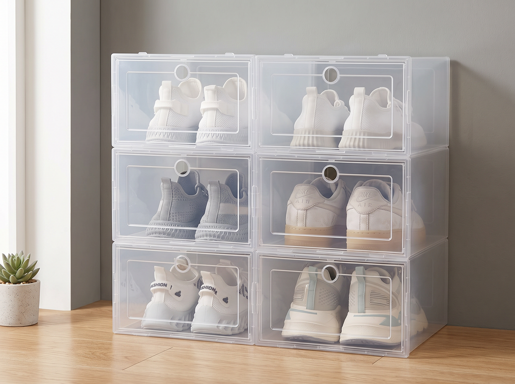 Stackable Transparent Shoe Boxes – Set of 6 Large Storage Bins for Closet or Entryway in a realistic home setting