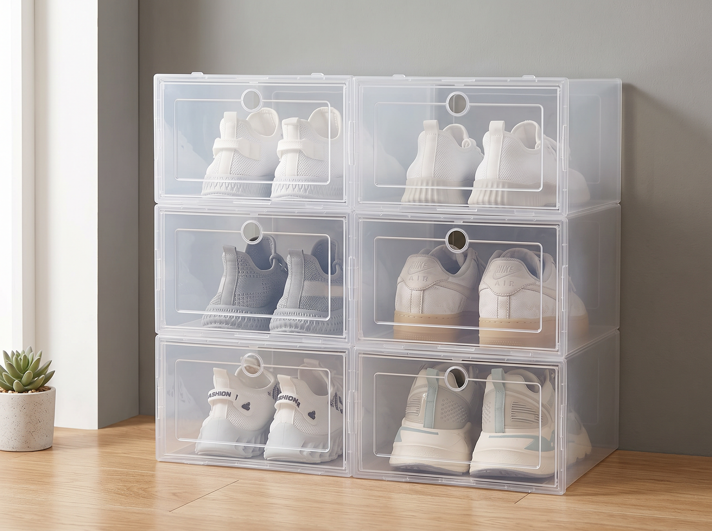 Stackable Transparent Shoe Boxes – Set of 6 Large Storage Bins for Closet or Entryway in a realistic home setting