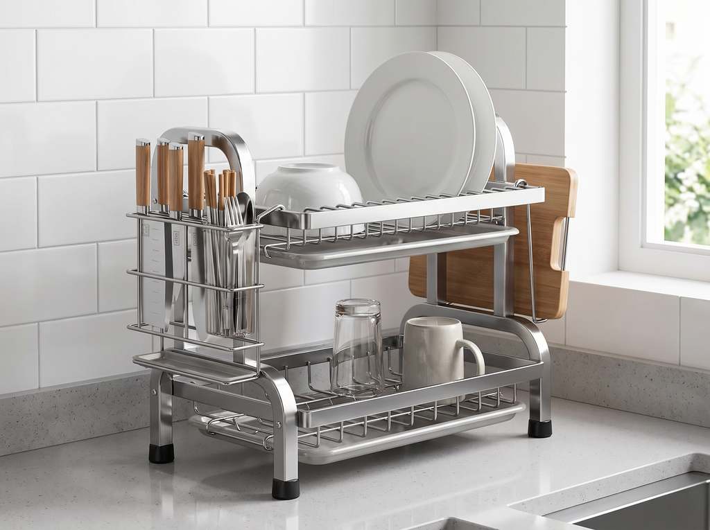 Compact Metal Dish Drying Rack with Utensil Holder and Drainboard in a realistic home setting