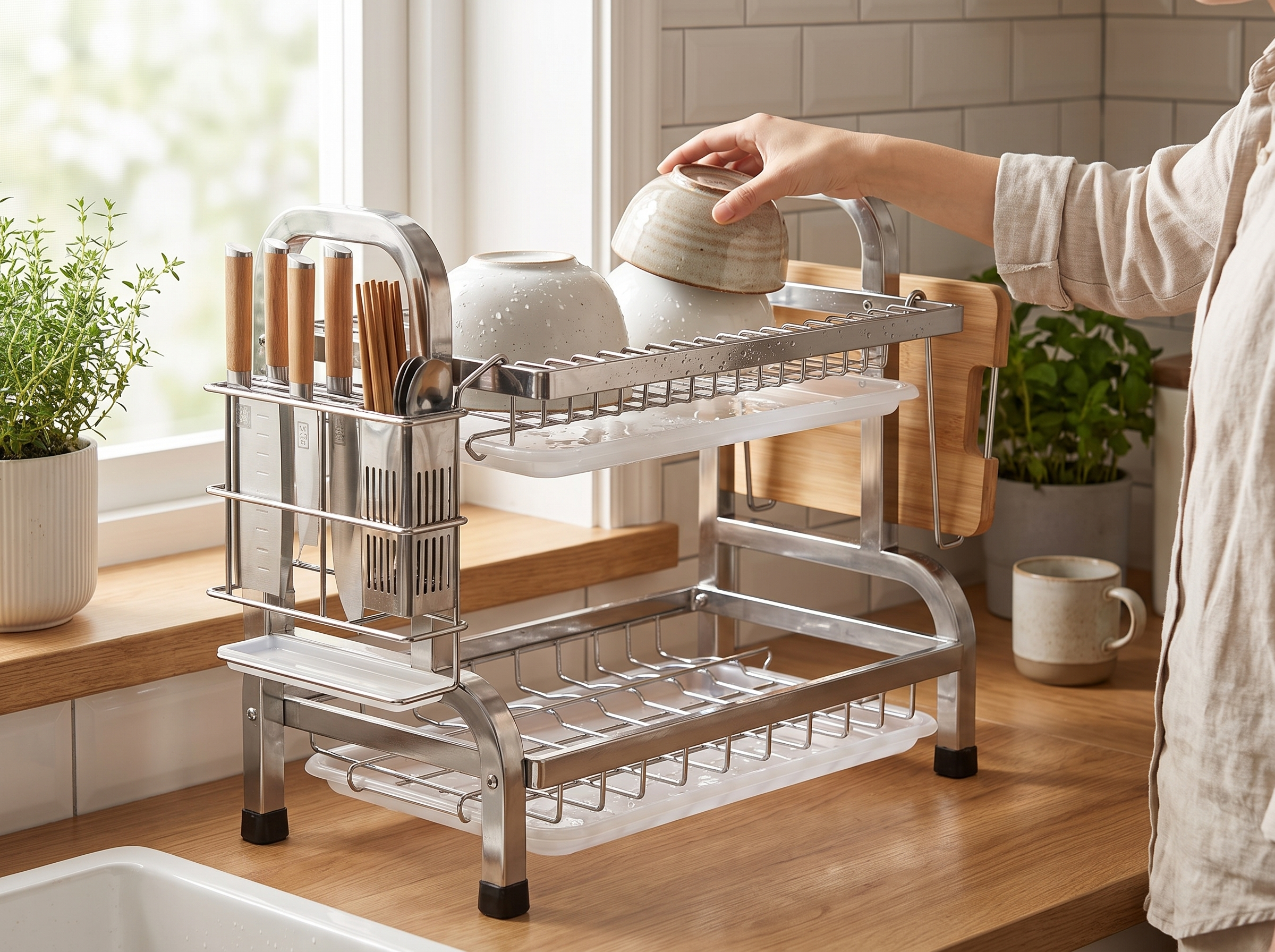 Compact Metal Dish Drying Rack with Utensil Holder and Drainboard shown in natural everyday use at home