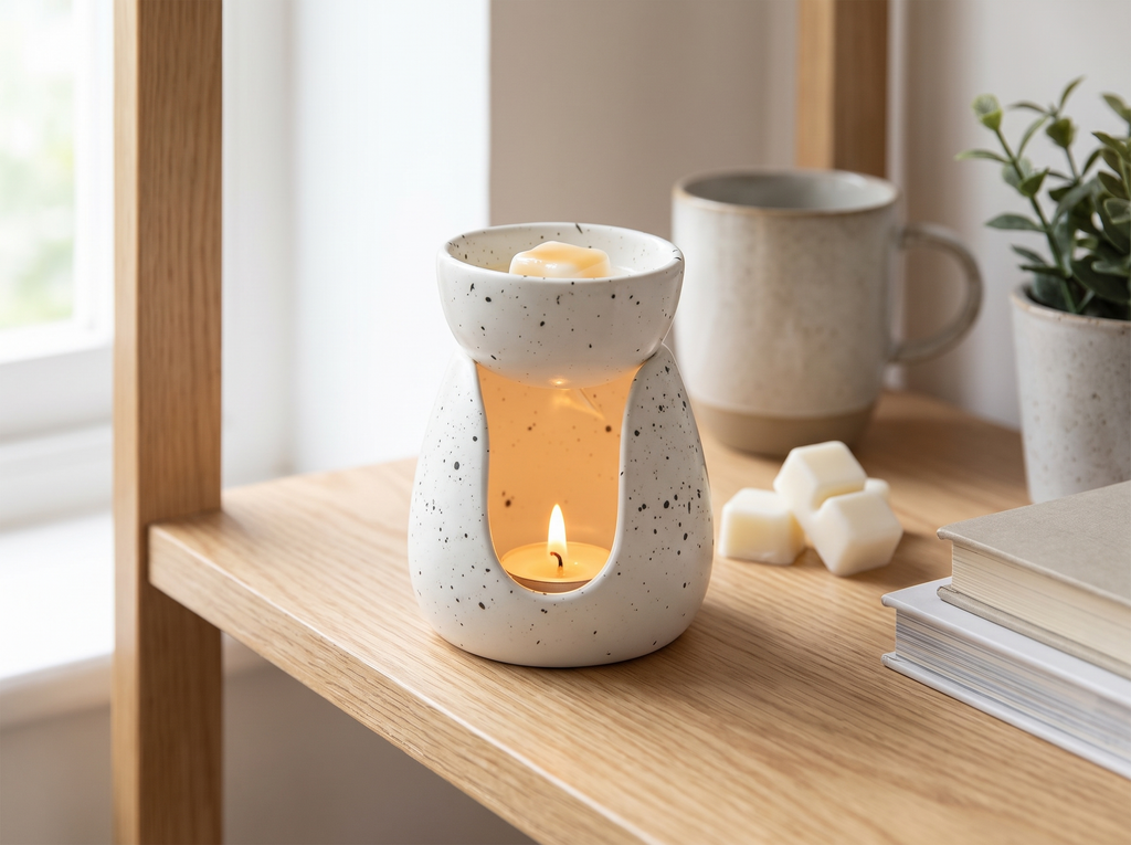 Ceramic Essential Oil Burner for Wax Melts & Aromatherapy – White Speckle in a realistic home setting