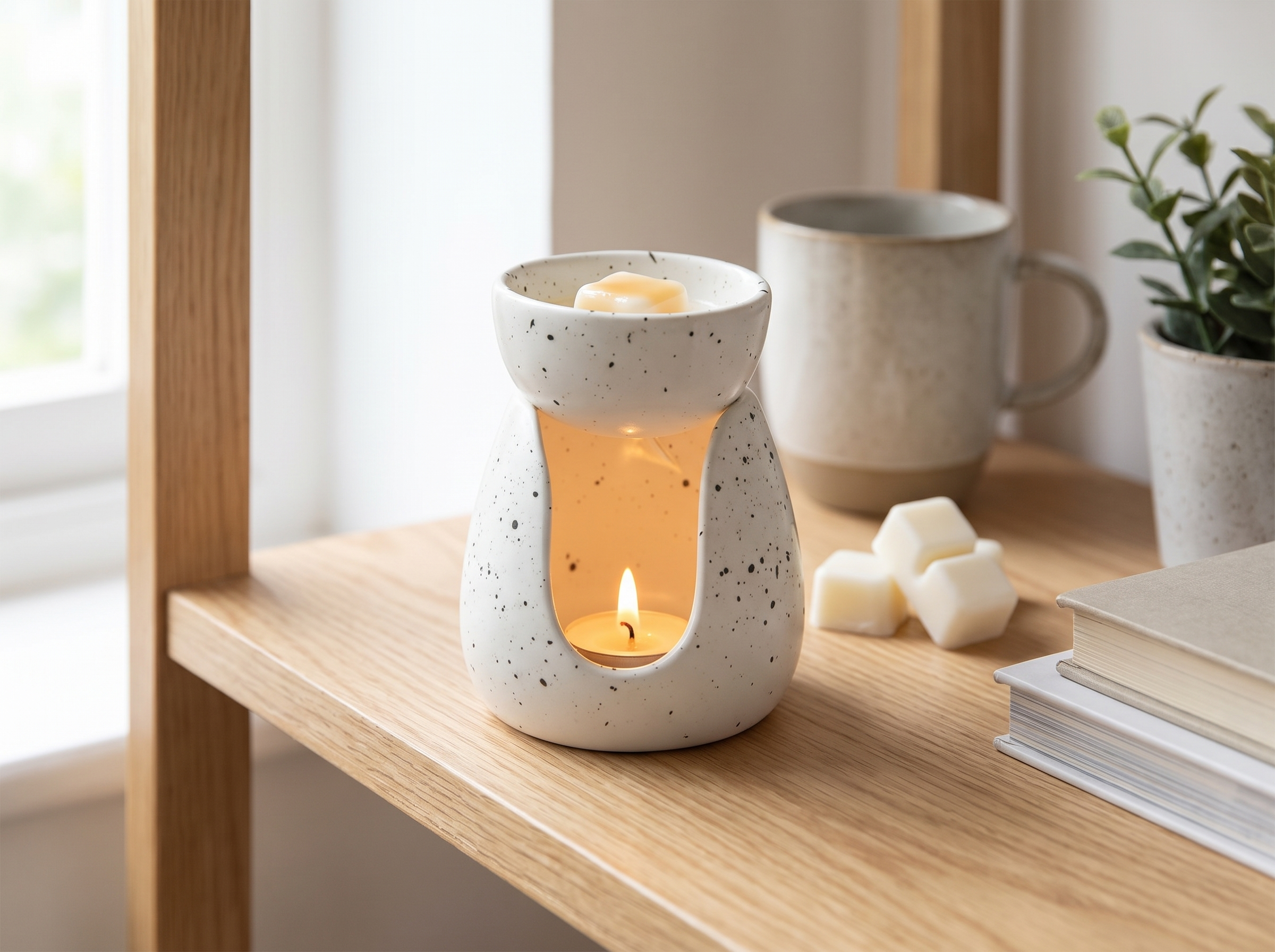 Ceramic Essential Oil Burner for Wax Melts & Aromatherapy – White Speckle in a realistic home setting