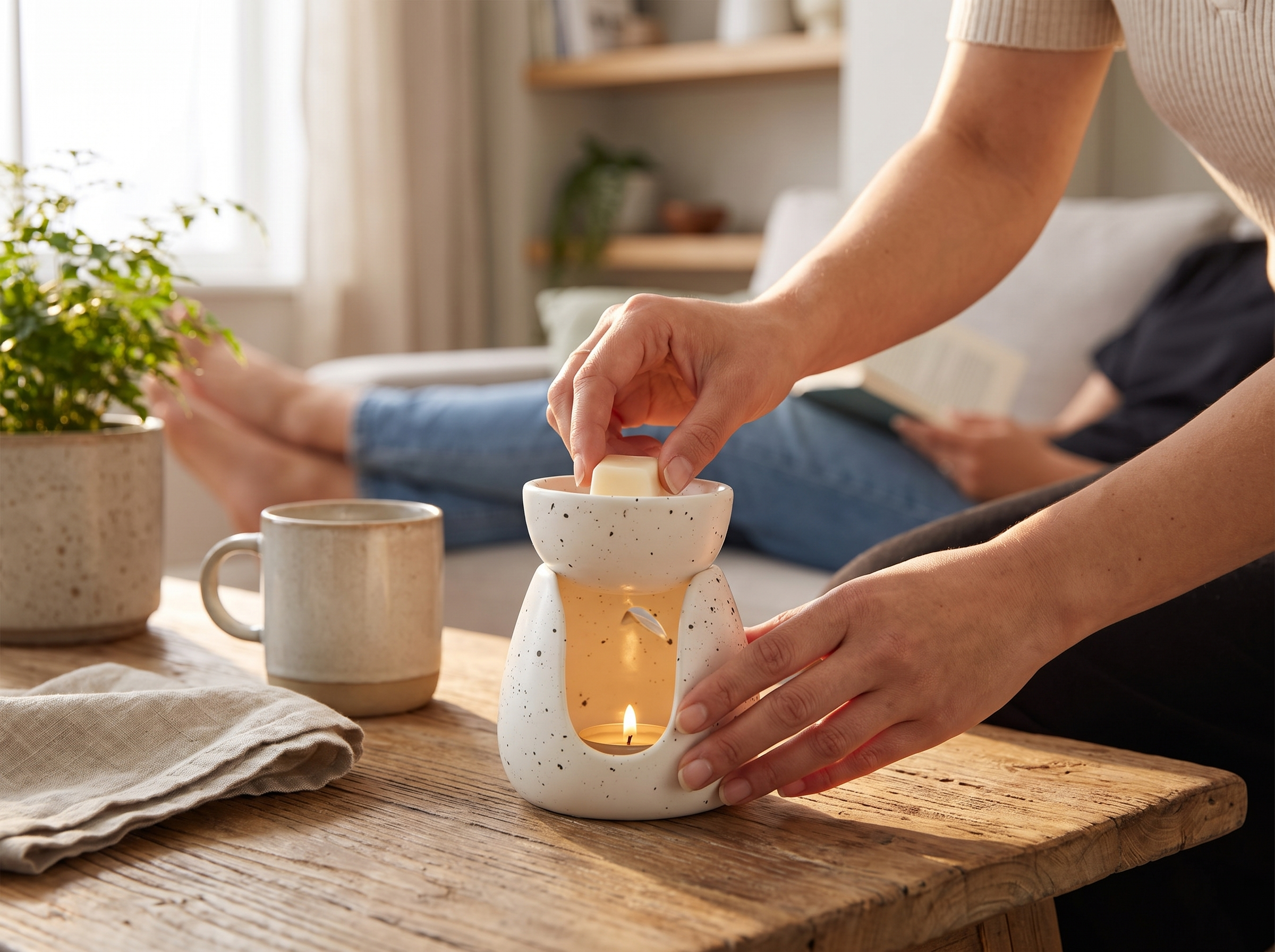 Ceramic Essential Oil Burner for Wax Melts & Aromatherapy – White Speckle shown in natural everyday use at home