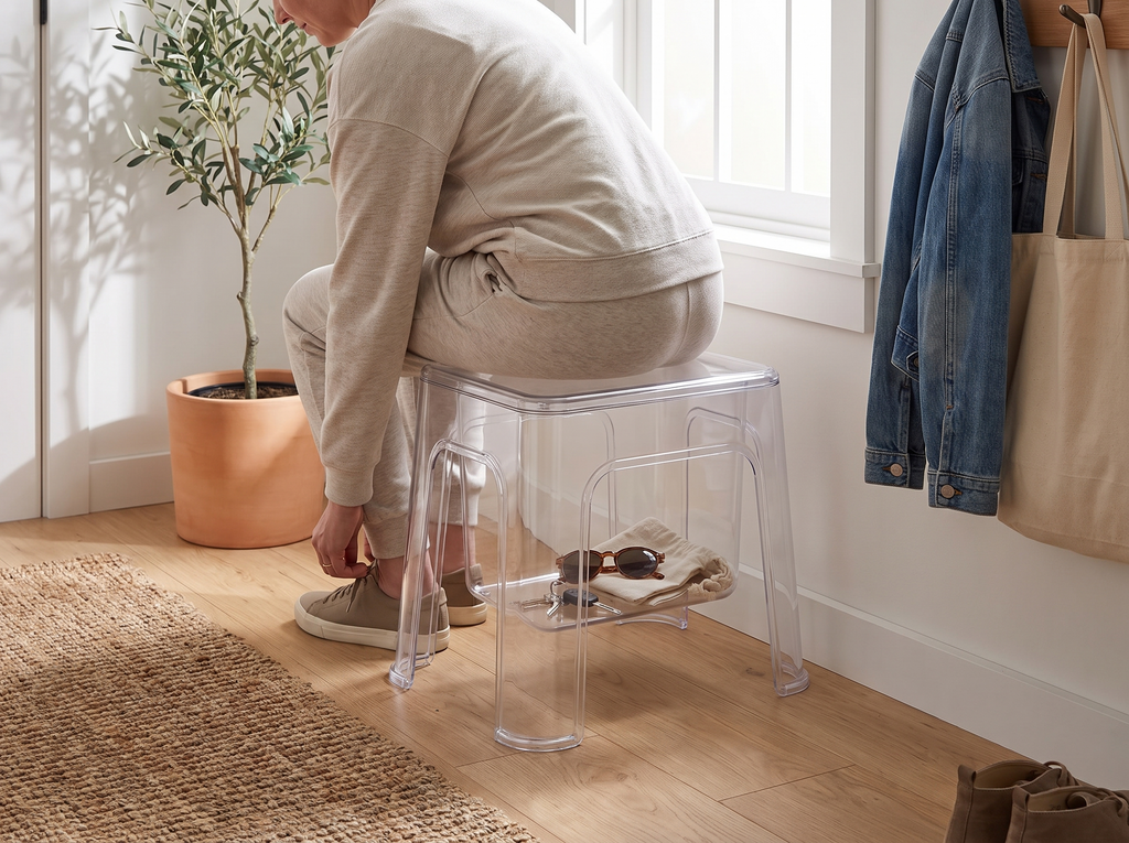 Transparent Storage Step Stool for Entryway, Bathroom, or Kids’ Room shown in natural everyday use at home