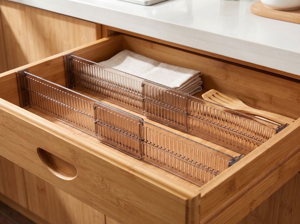 Adjustable Drawer Dividers – Set of 2 Clear Plastic Organizers in a realistic home setting