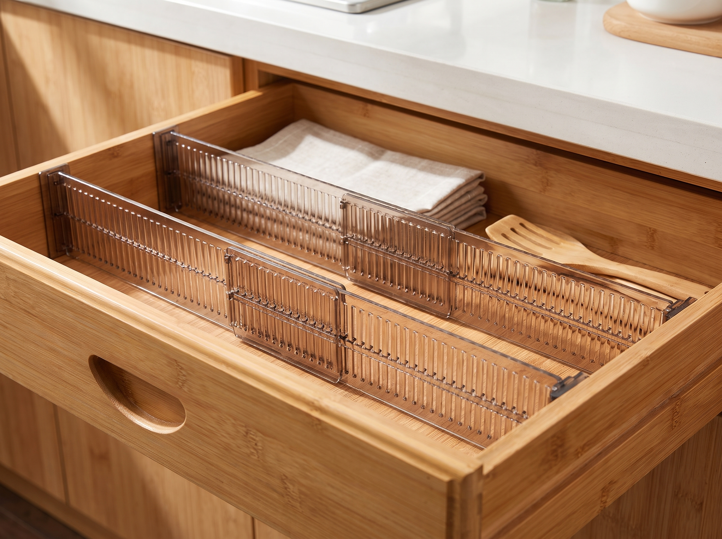 Adjustable Drawer Dividers – Set of 2 Clear Plastic Organizers in a realistic home setting