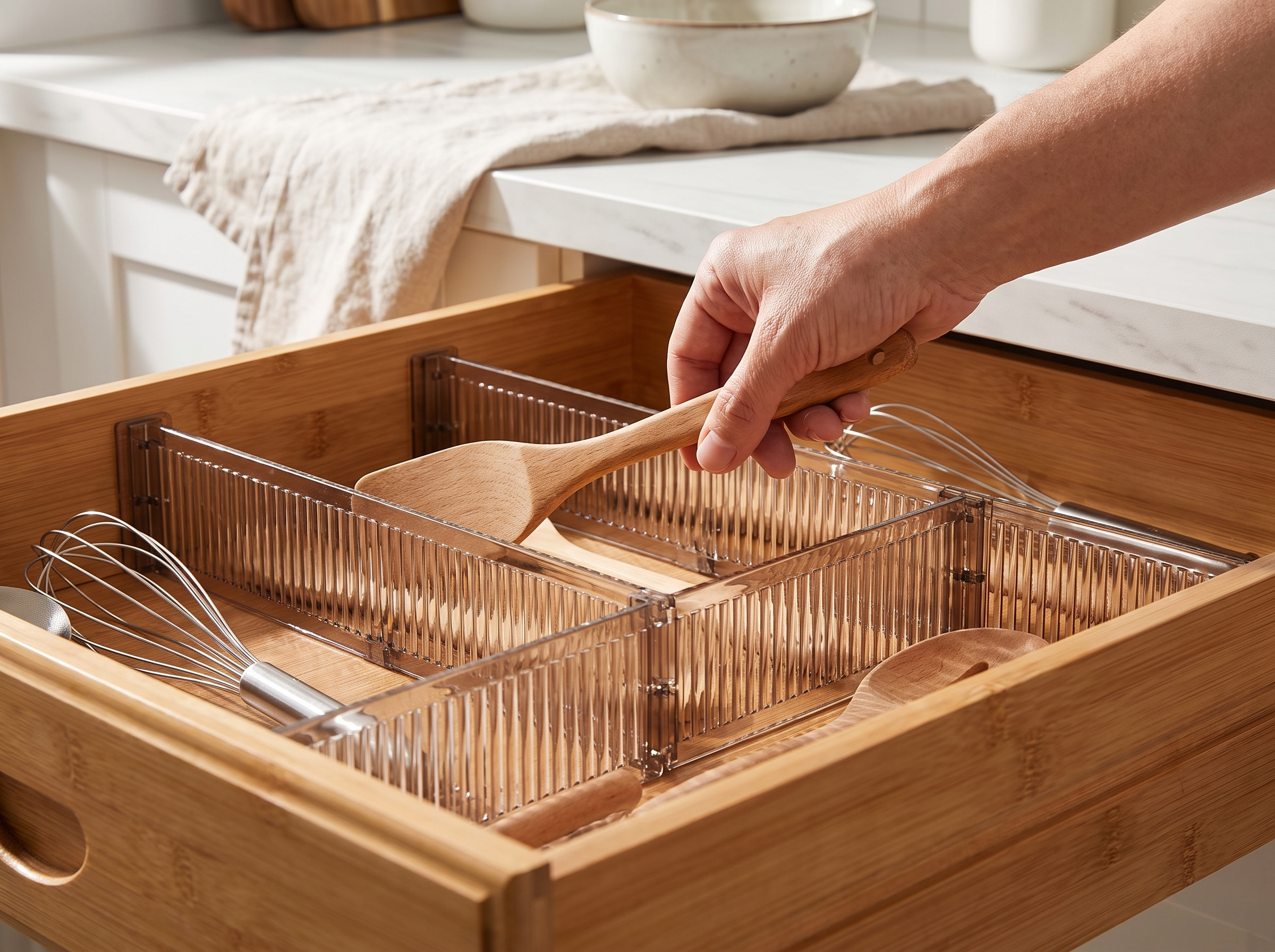 Adjustable Drawer Dividers – Set of 2 Clear Plastic Organizers shown in natural everyday use at home