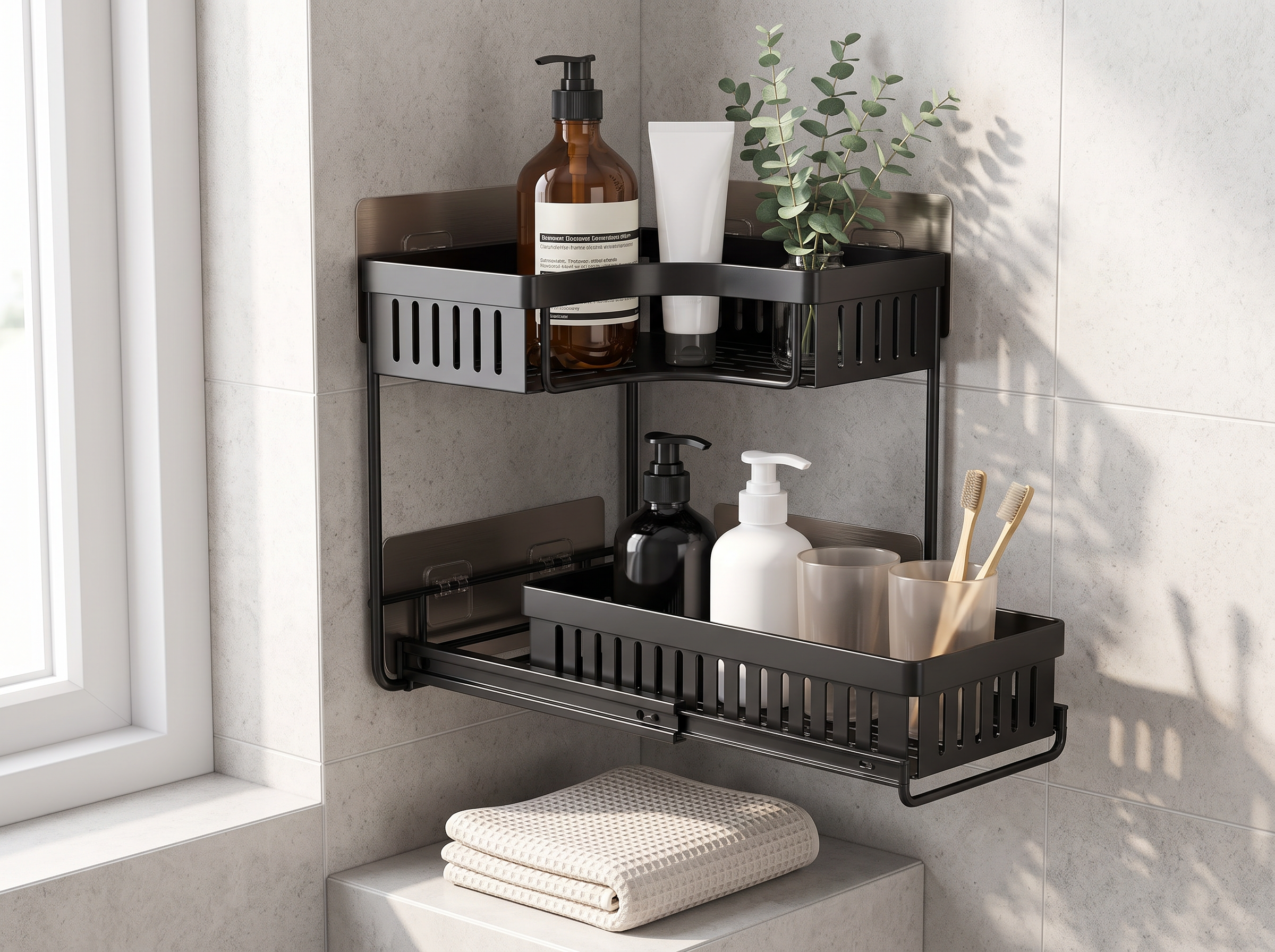 No-Drill Black Wall-Mount Corner Shelf for Bathroom or Kitchen in a realistic home setting