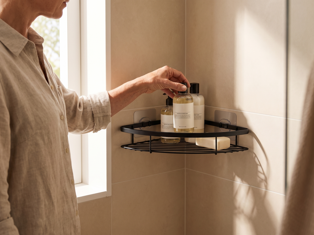 No-Drill Black Wall-Mount Corner Shelf for Bathroom or Kitchen shown in natural everyday use at home