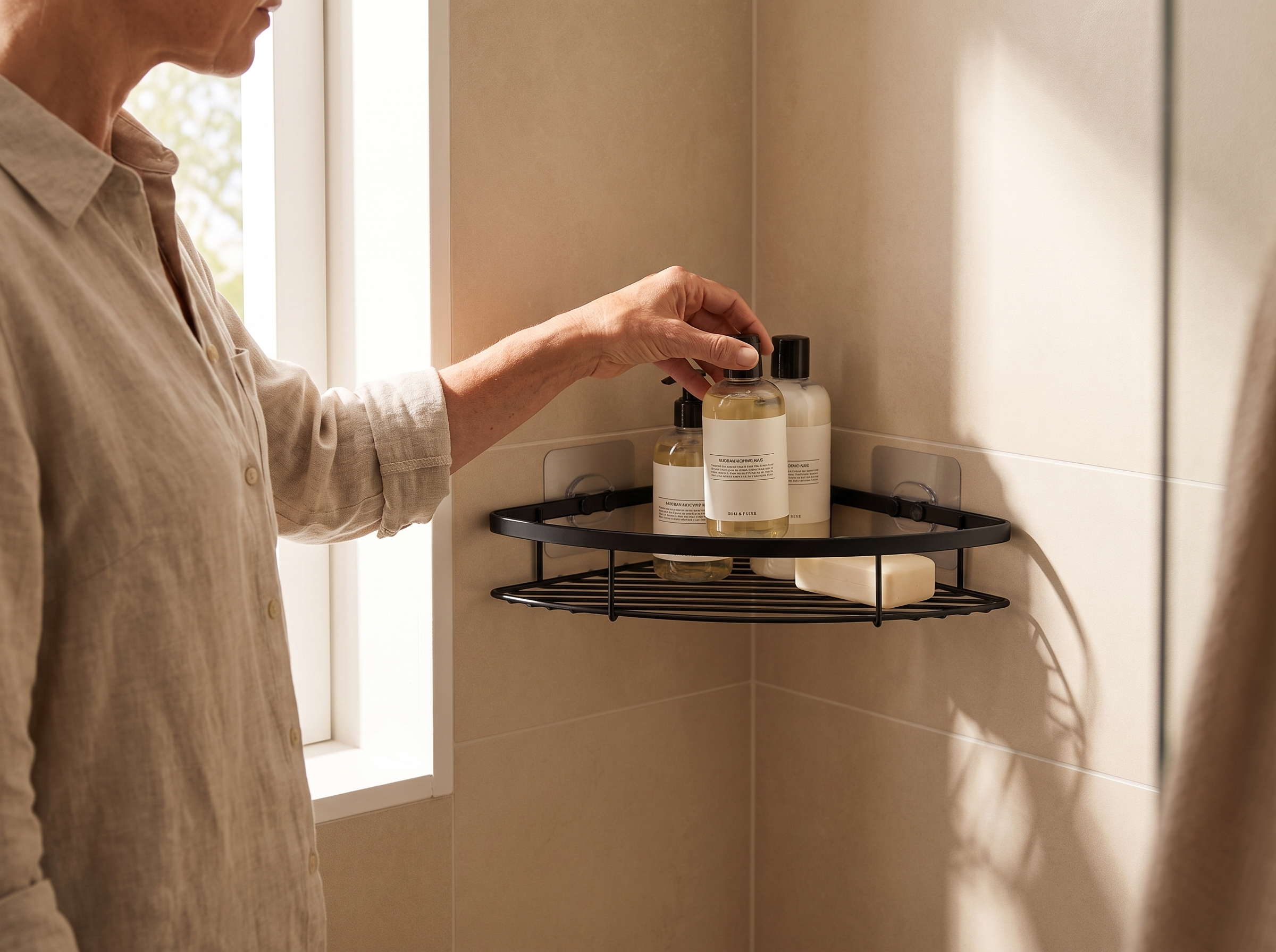 No-Drill Black Wall-Mount Corner Shelf for Bathroom or Kitchen shown in natural everyday use at home
