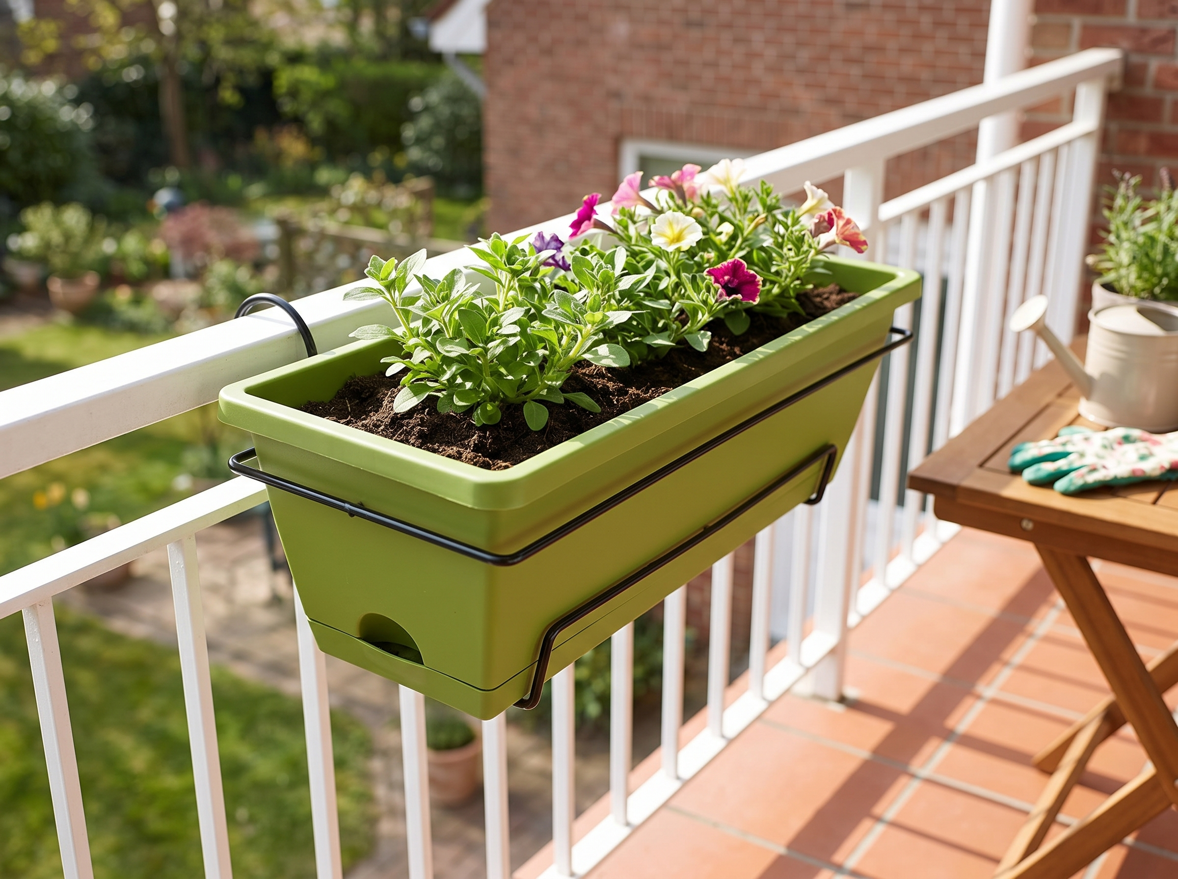 Balcony Railing Planter Box with Drainage Tray and Hanging Rack in a realistic home setting