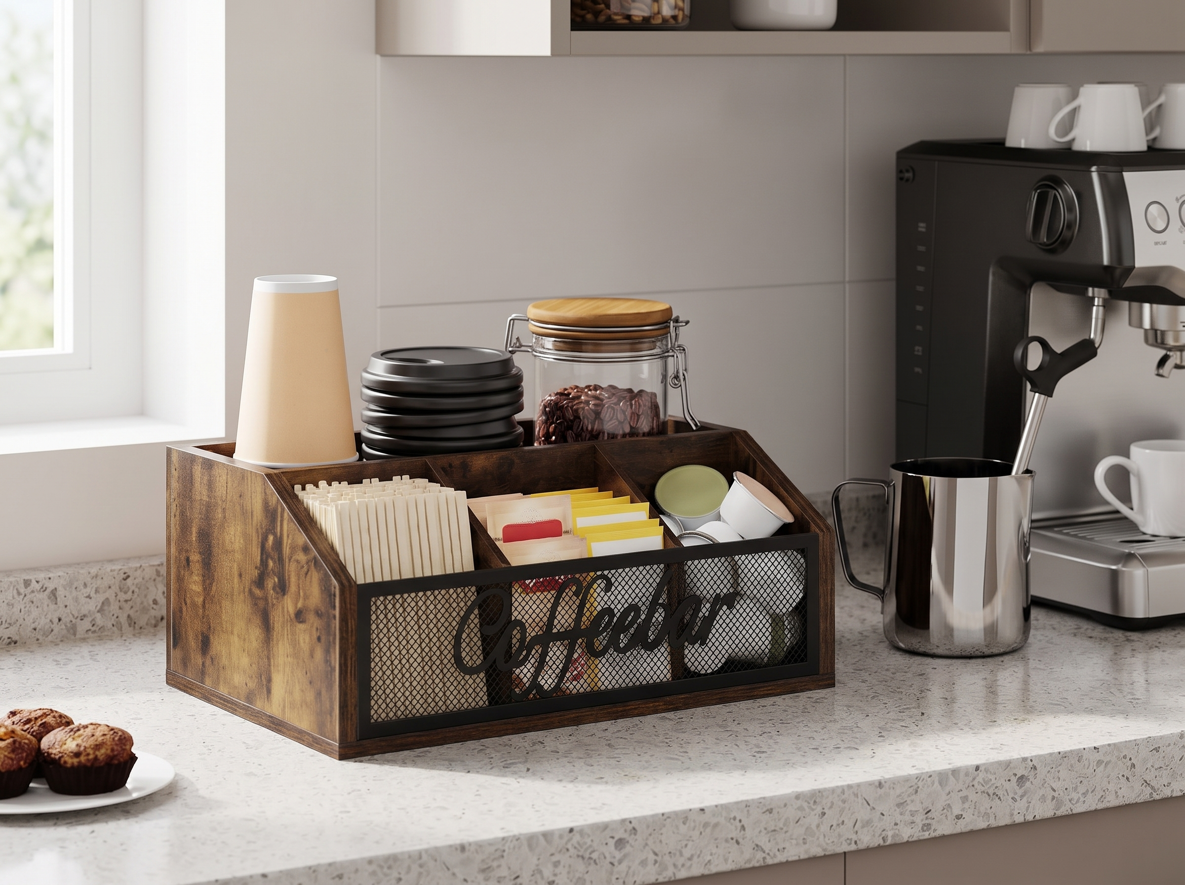 Wood & Metal Coffee Station Organizer with Compartments in a realistic home setting