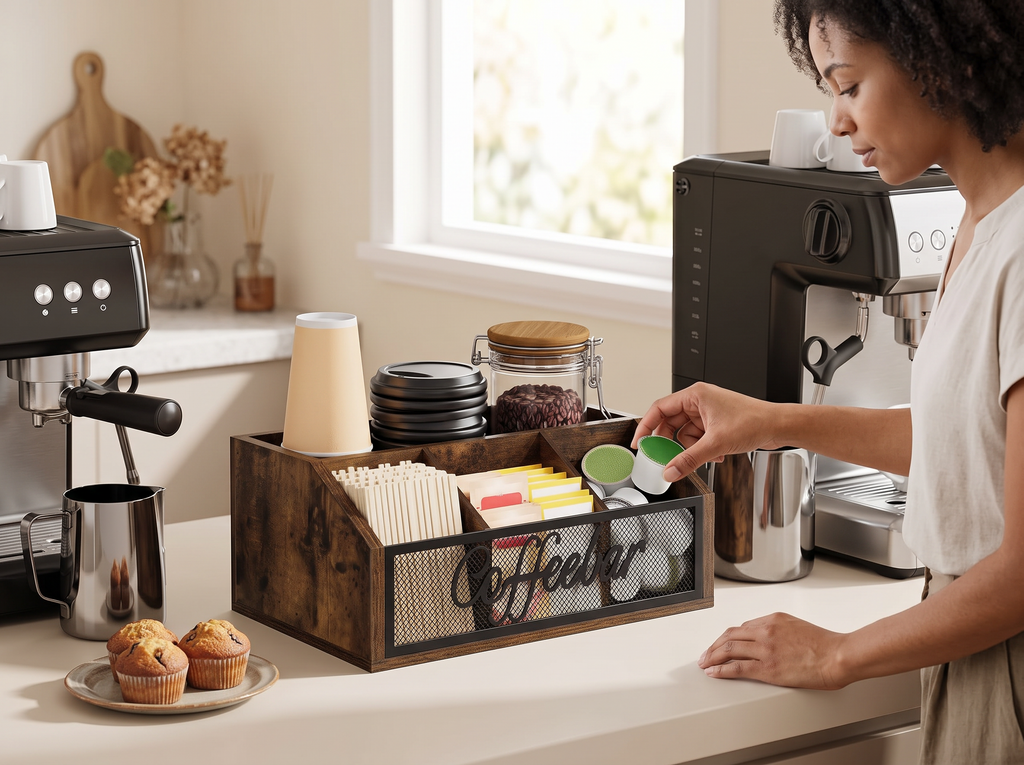 Wood & Metal Coffee Station Organizer with Compartments shown in natural everyday use at home