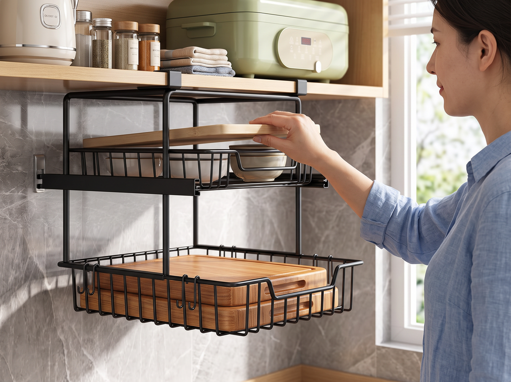 Under Cabinet Metal Organizer Rack with Hooks for Kitchen or Closet shown in natural everyday use at home
