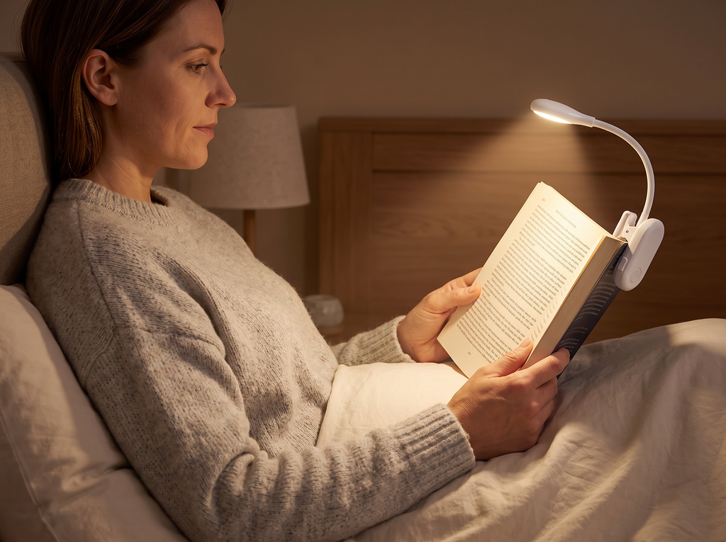 Clip-On USB Rechargeable Book Light for Bedside or Desk shown in natural everyday use at home