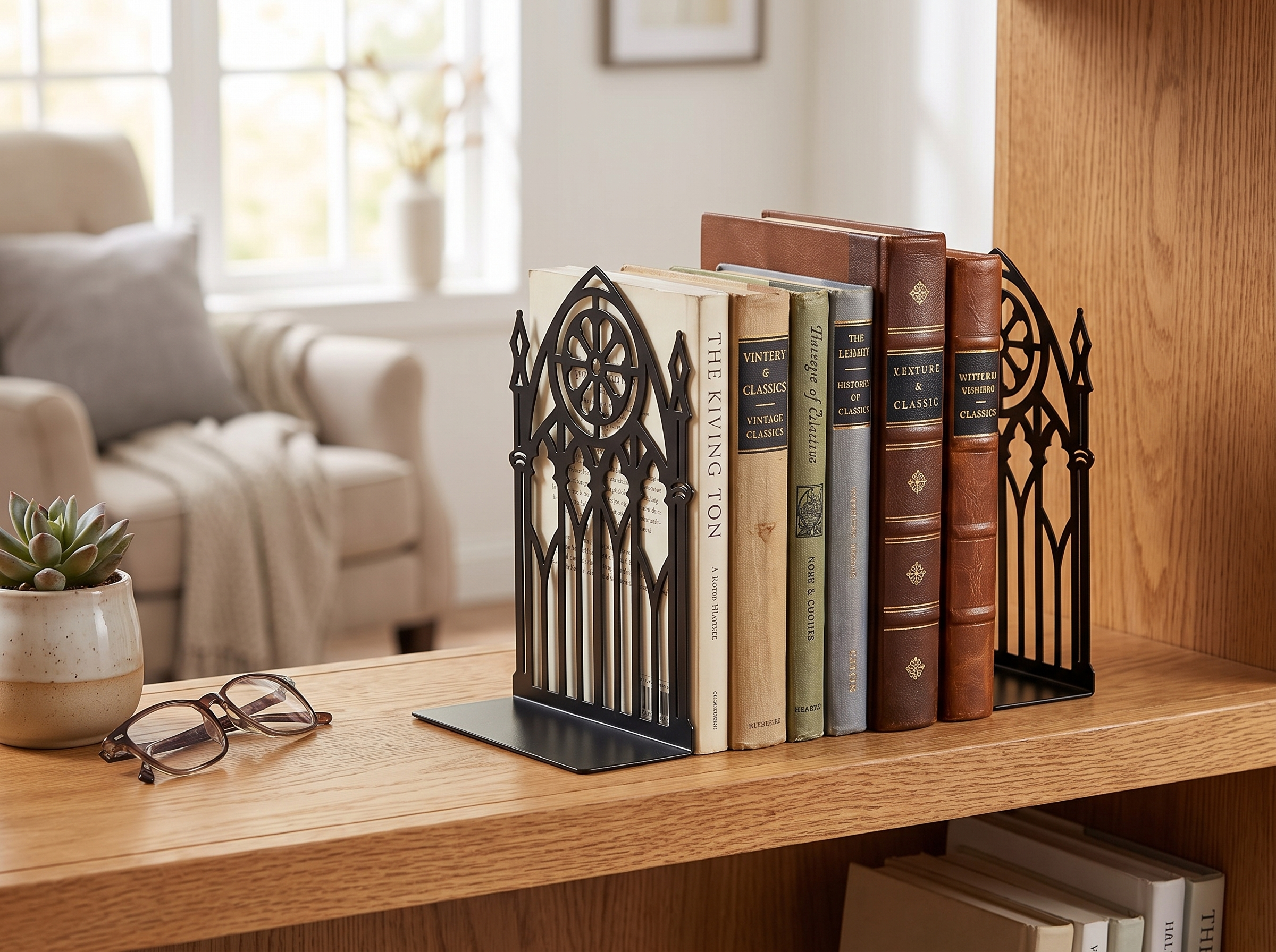 Gothic Gate Metal Bookends for Shelves and Desks in a realistic home setting