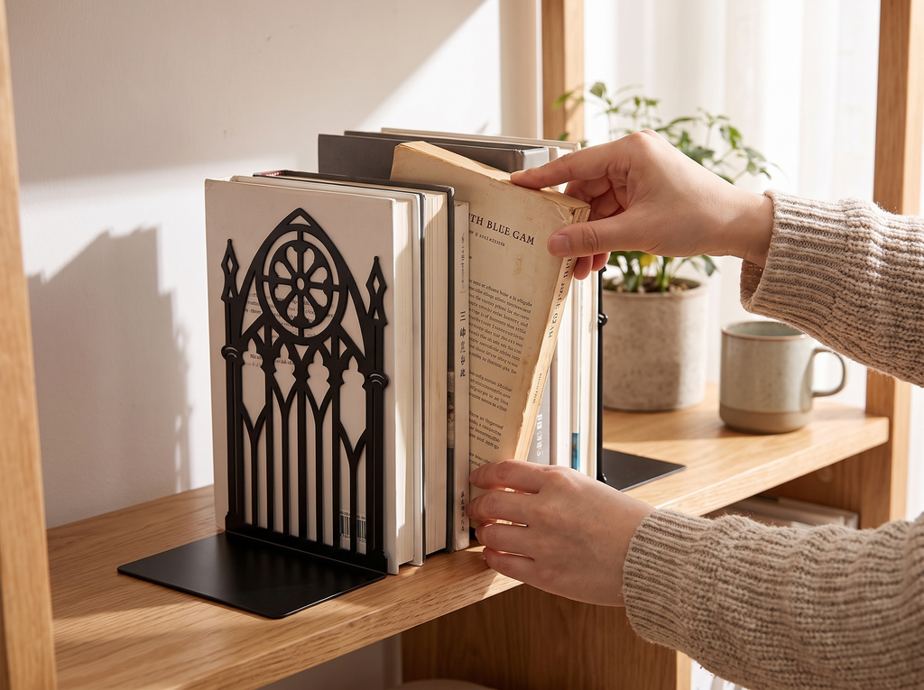 Gothic Gate Metal Bookends for Shelves and Desks shown in natural everyday use at home