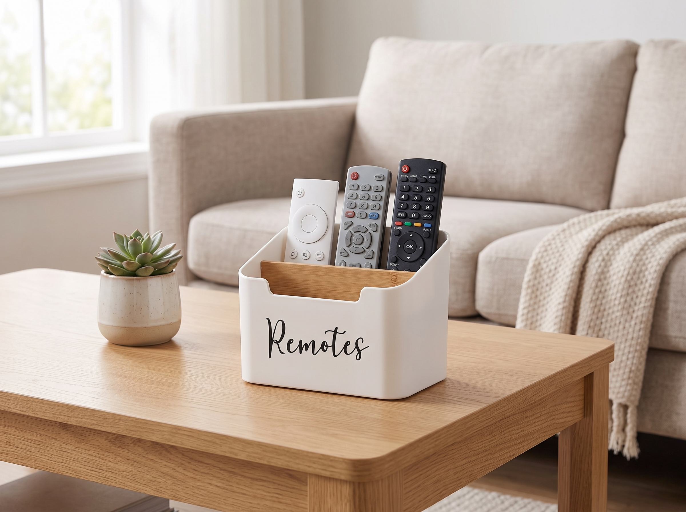 White Remote Control Holder Caddy with 2 Compartments in a realistic home setting