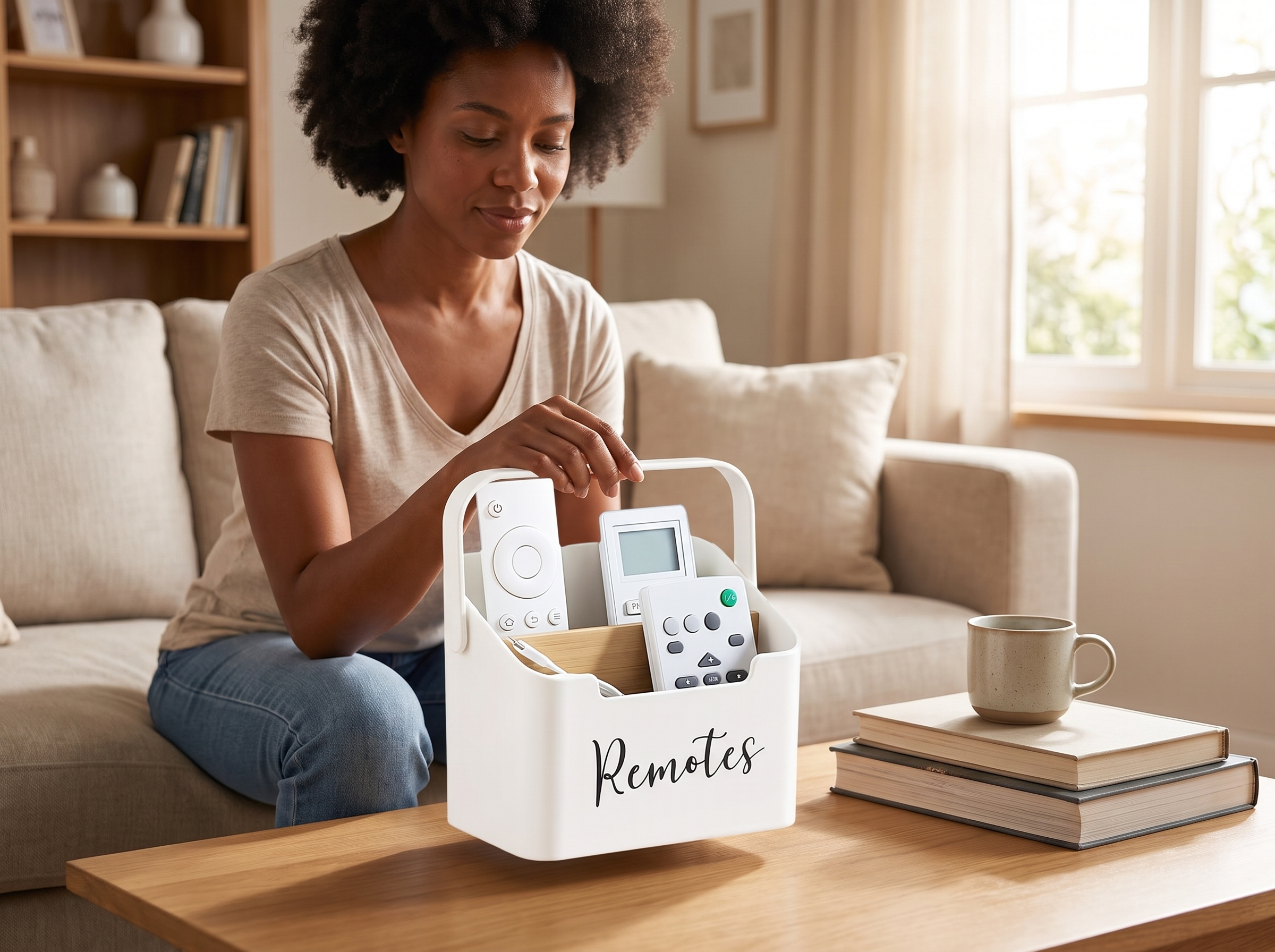 White Remote Control Holder Caddy with 2 Compartments shown in natural everyday use at home