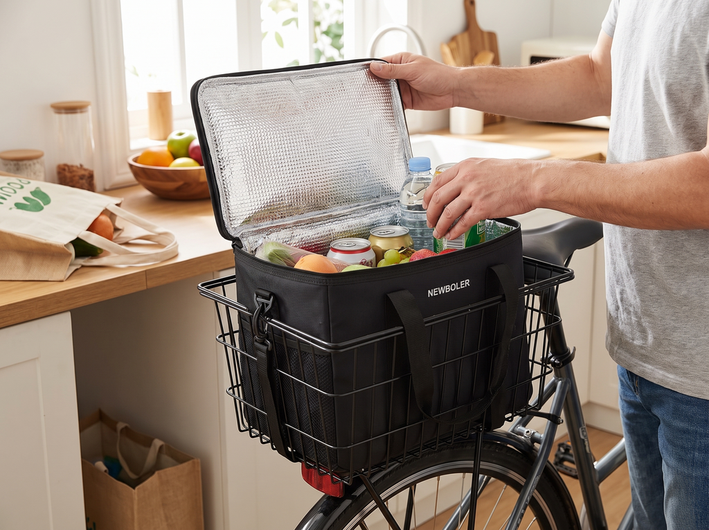 Folding Rear Bike Basket with Removable Insulated Bag for Everyday Carry shown in natural everyday use at home