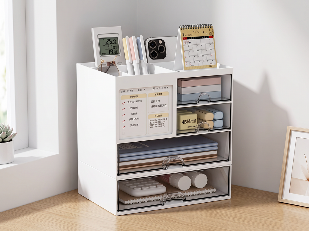 Desktop Drawer Organizer with Compartments for Home Office in a realistic home setting