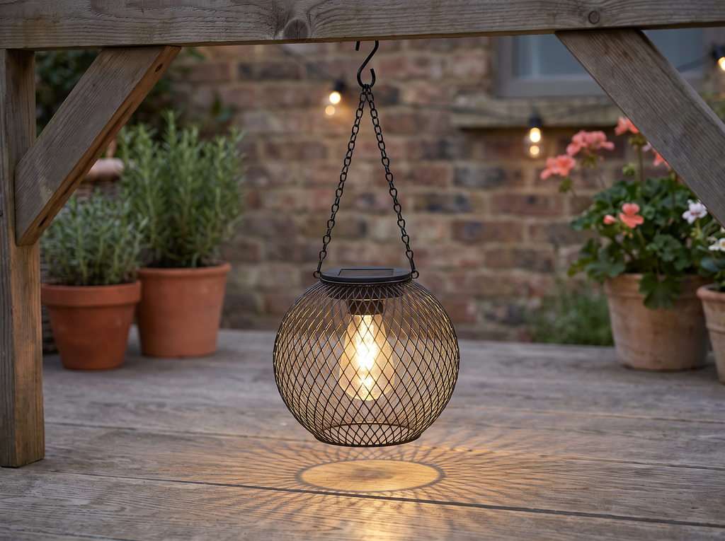Vintage Mesh Solar Lantern for Outdoor Hanging – Black Wrought Iron in a realistic home setting