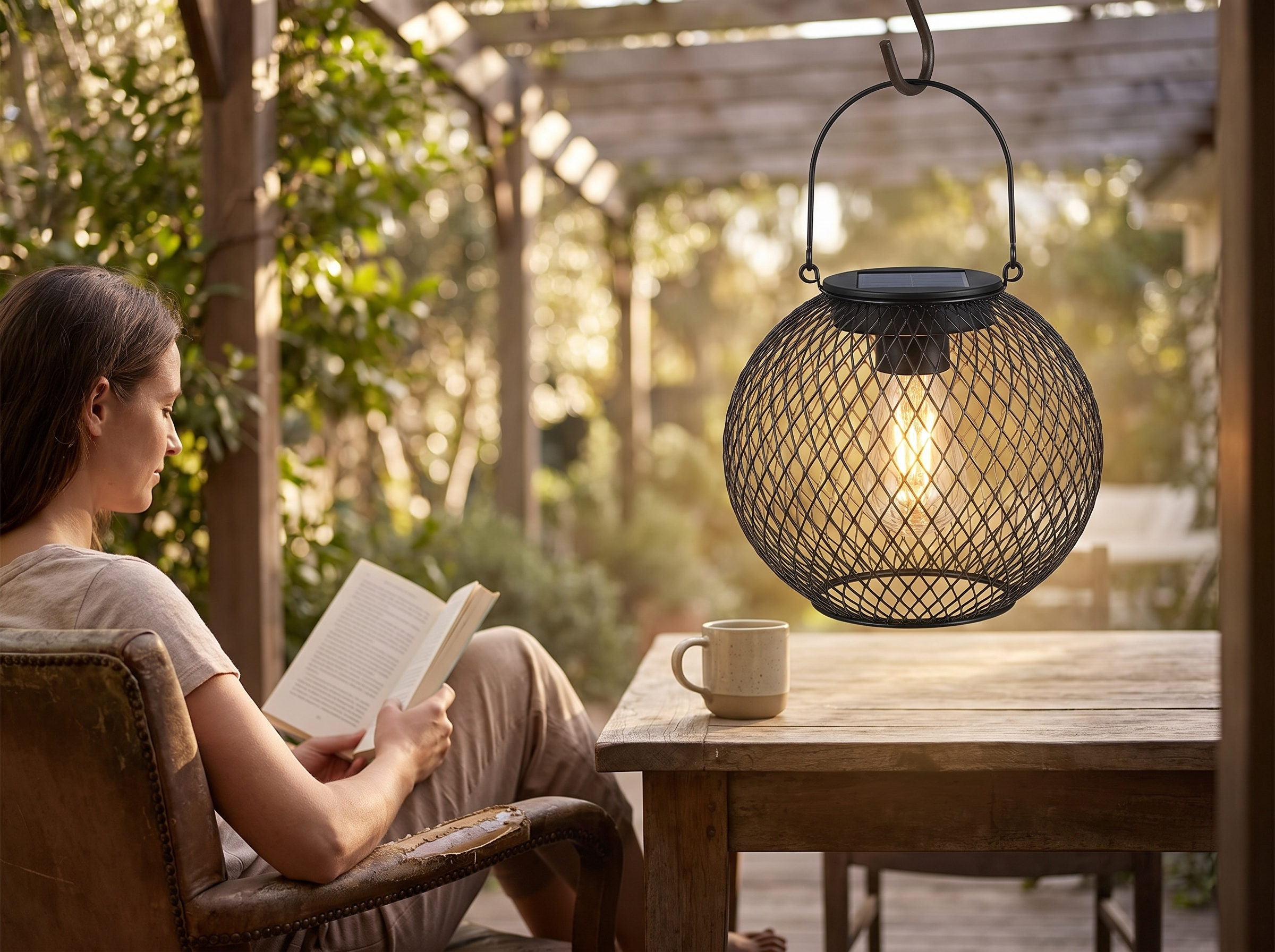 Vintage Mesh Solar Lantern for Outdoor Hanging – Black Wrought Iron shown in natural everyday use at home