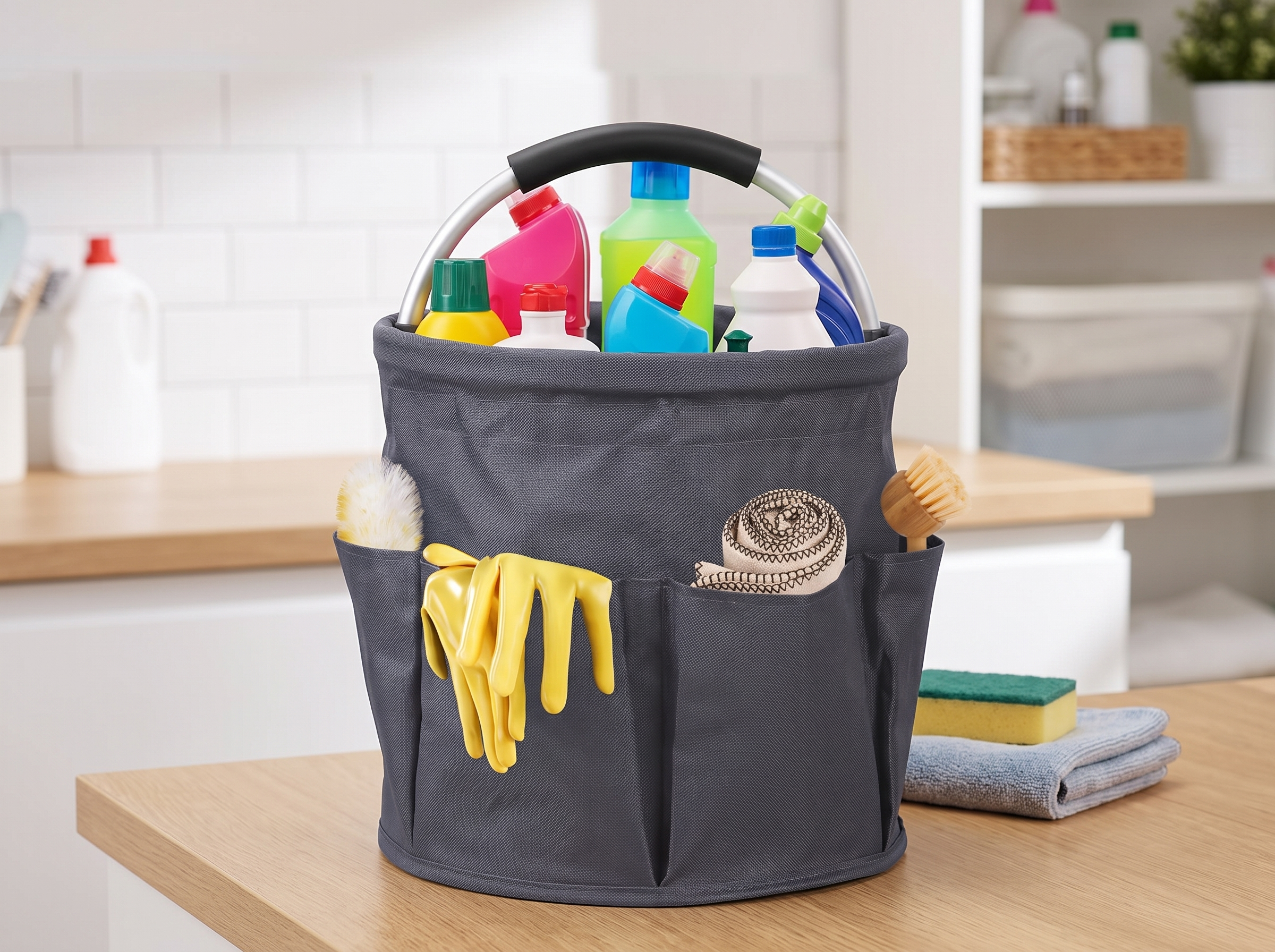 Foldable Cleaning Caddy Organizer with Handle – 17L Oxford Storage Bin in a realistic home setting