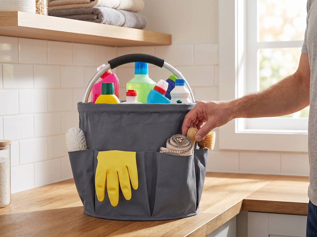 Foldable Cleaning Caddy Organizer with Handle – 17L Oxford Storage Bin shown in natural everyday use at home