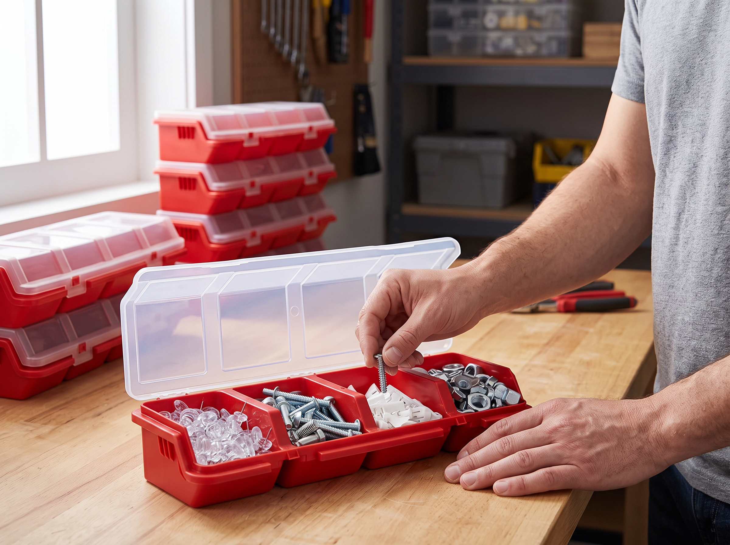 Multi-Compartment Small Parts Organizer Box for Hardware & Craft Supplies shown in natural everyday use at home