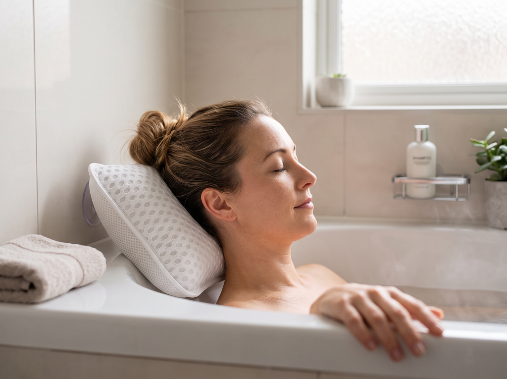 Machine Washable Suction Cup Bathtub Pillow for Head and Neck Support shown in natural everyday use at home