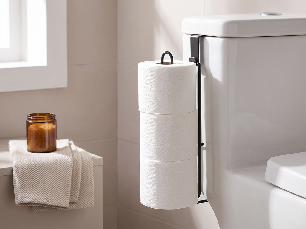Over-the-Tank Toilet Paper Holder with Storage, Metal, Black or Gold in a realistic home setting