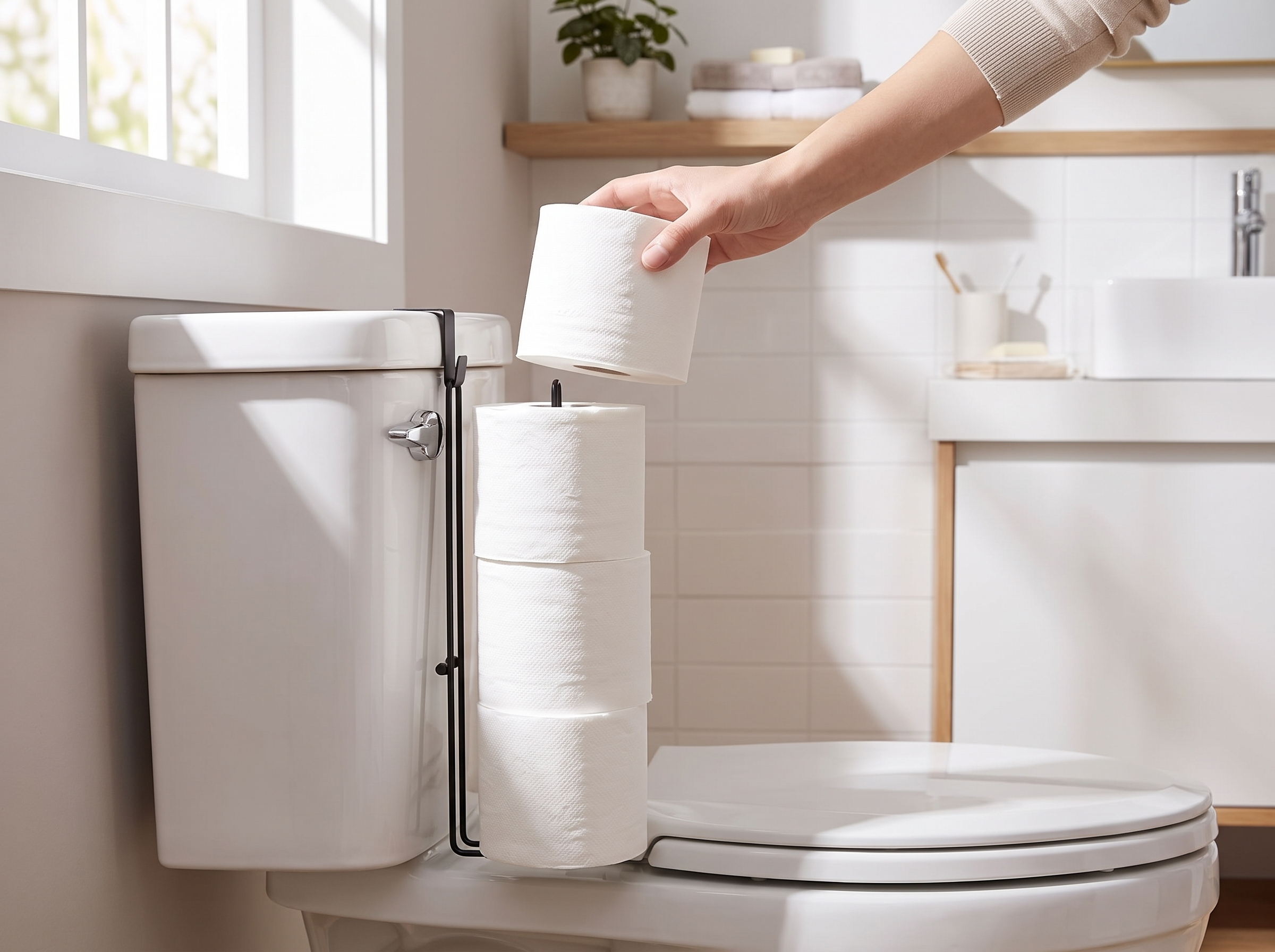 Over-the-Tank Toilet Paper Holder with Storage, Metal, Black or Gold shown in natural everyday use at home