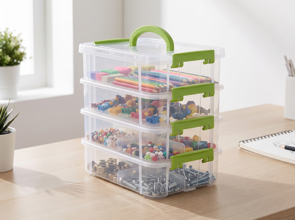 Stackable Clear Organizer Box with Handle for Art, Toys & Small Parts in a realistic home setting