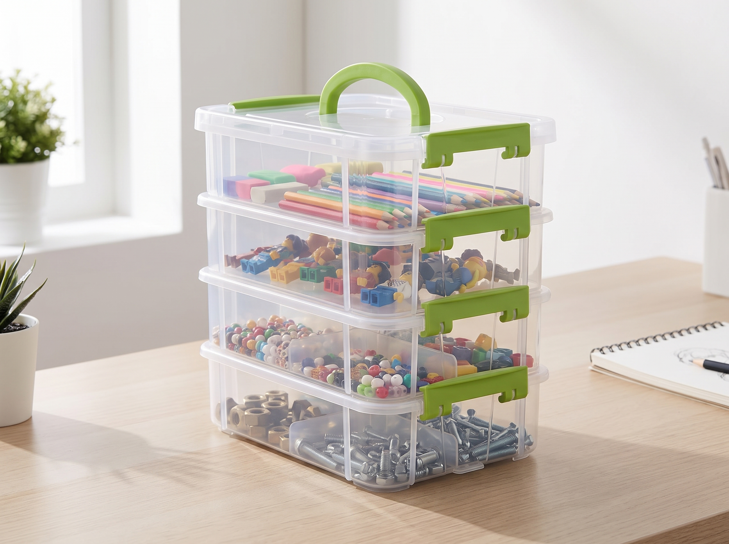 Stackable Clear Organizer Box with Handle for Art, Toys & Small Parts in a realistic home setting