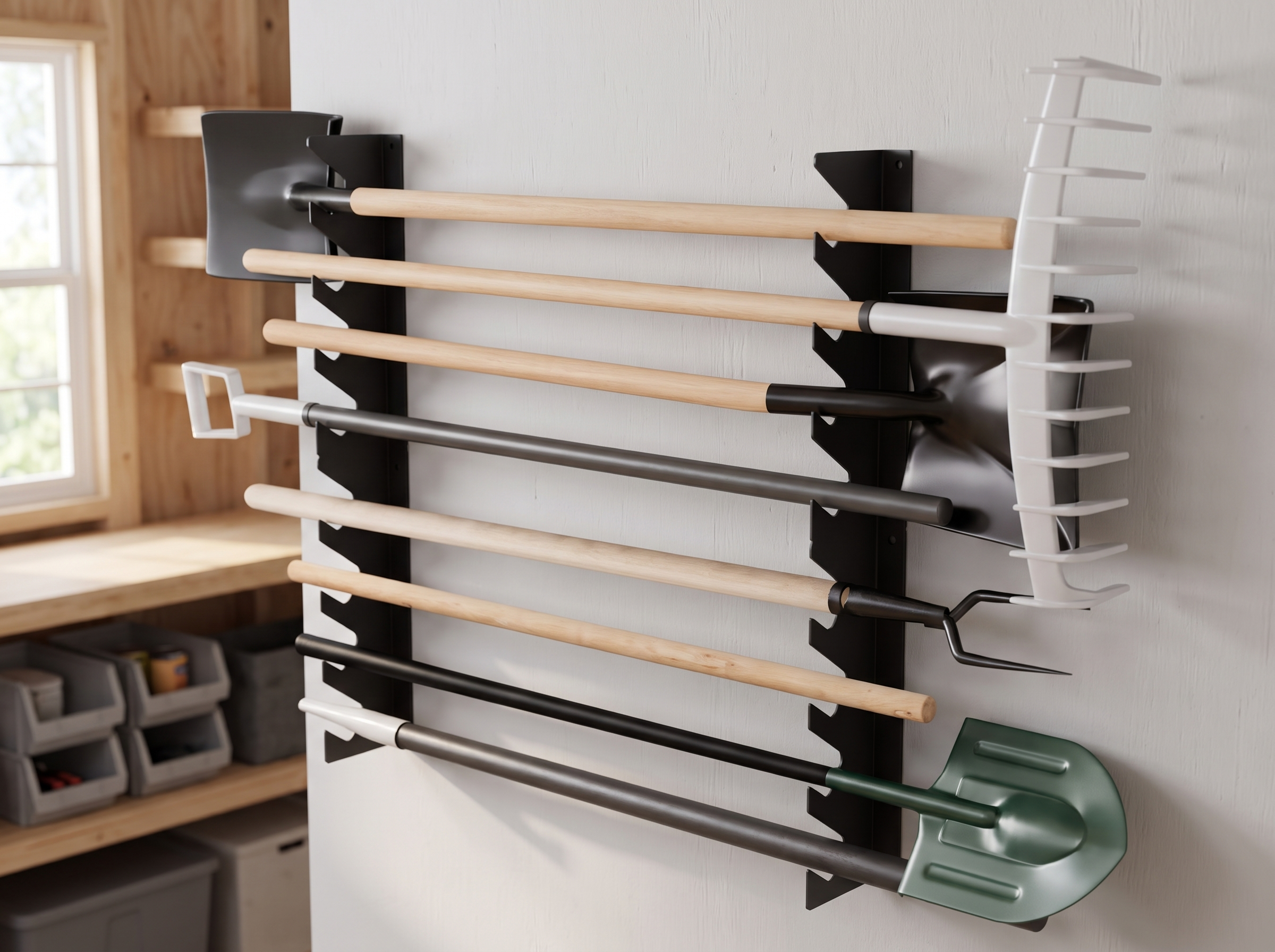 Wall-Mounted Iron Tool Rack for Garage, Shed, or Garden Storage in a realistic home setting