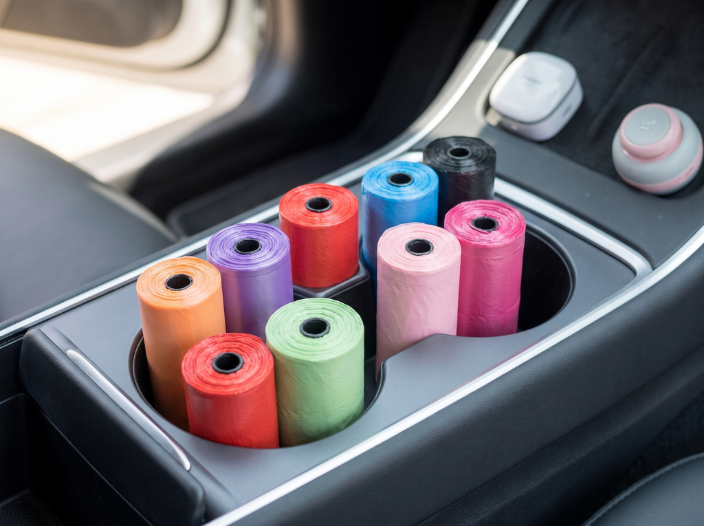 Mini Trash Bag Rolls for Car, Desk, or Small Trash Cans in a realistic home setting