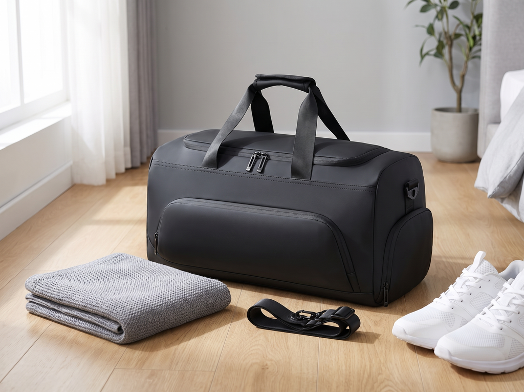 Large Capacity Gym and Travel Duffel Bag with Shoe Compartment in a realistic home setting