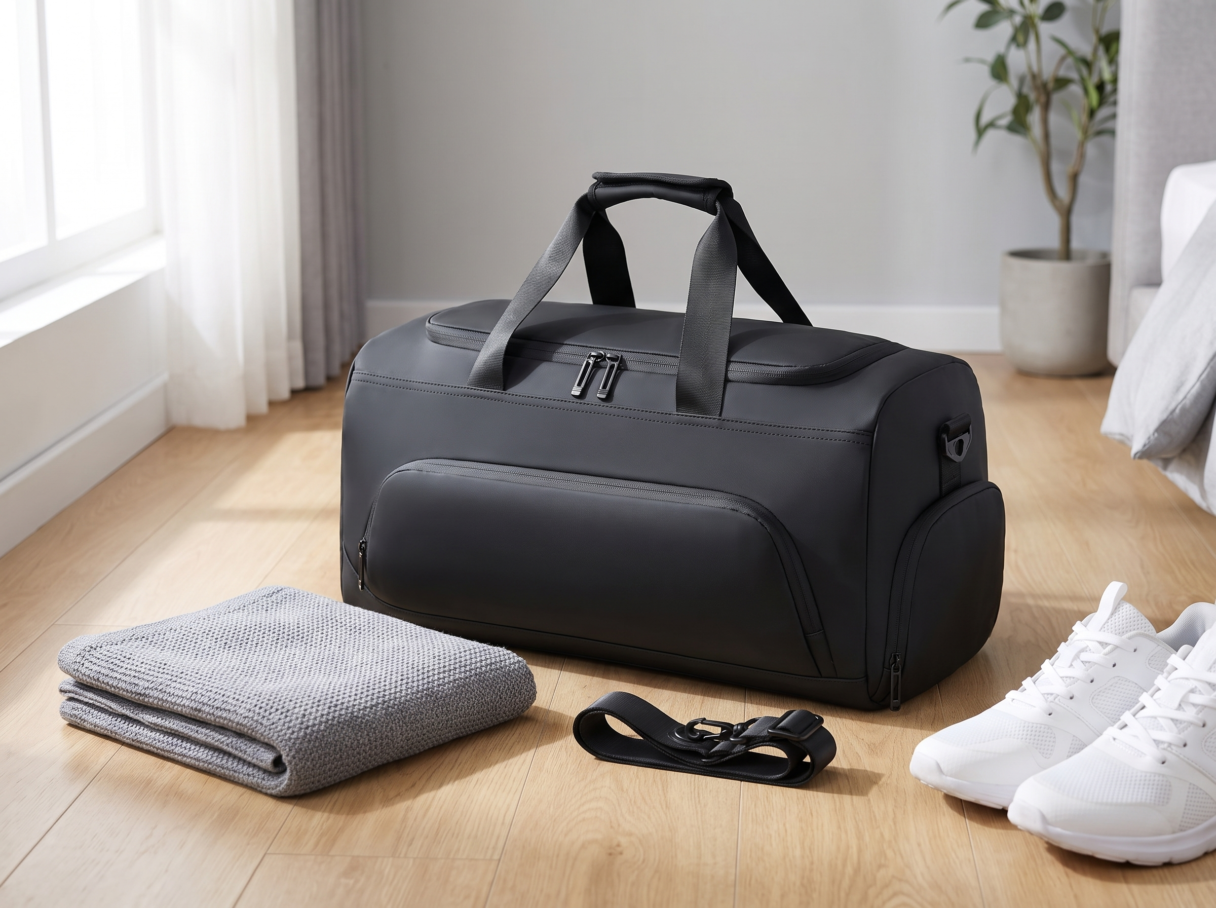 Large Capacity Gym and Travel Duffel Bag with Shoe Compartment in a realistic home setting