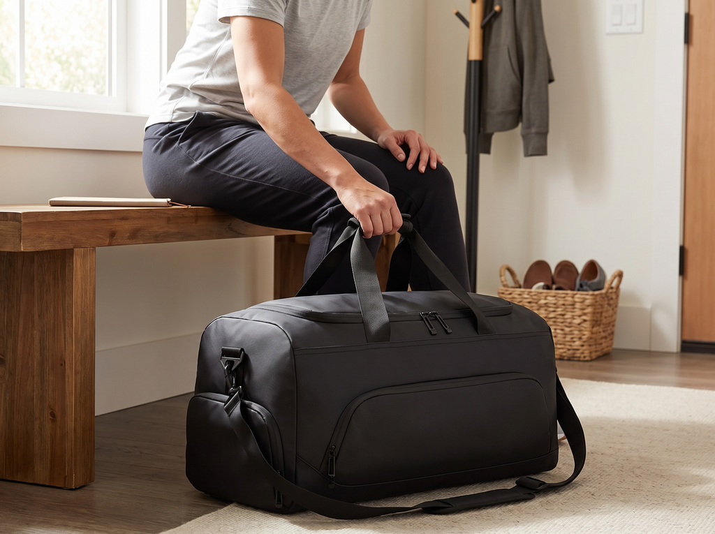 Large Capacity Gym and Travel Duffel Bag with Shoe Compartment shown in natural everyday use at home