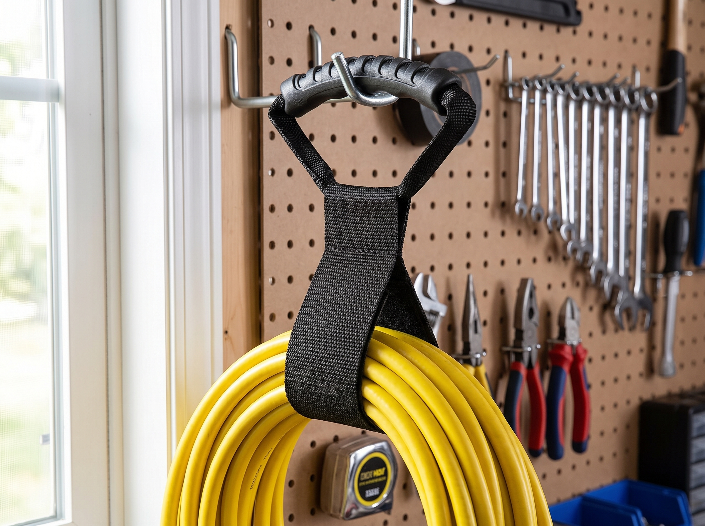 Extension Cord Organizer Strap with Handle for Garage or Utility Storage in a realistic home setting